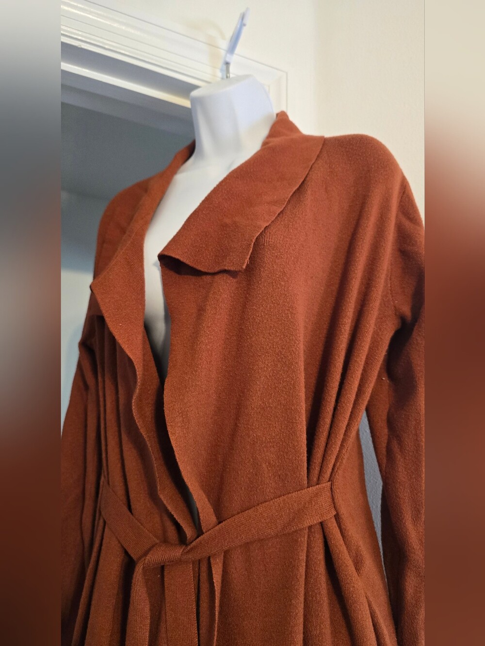 Magaschoni Womens Rust-Brown Open-Front Belted Cardigan Duster